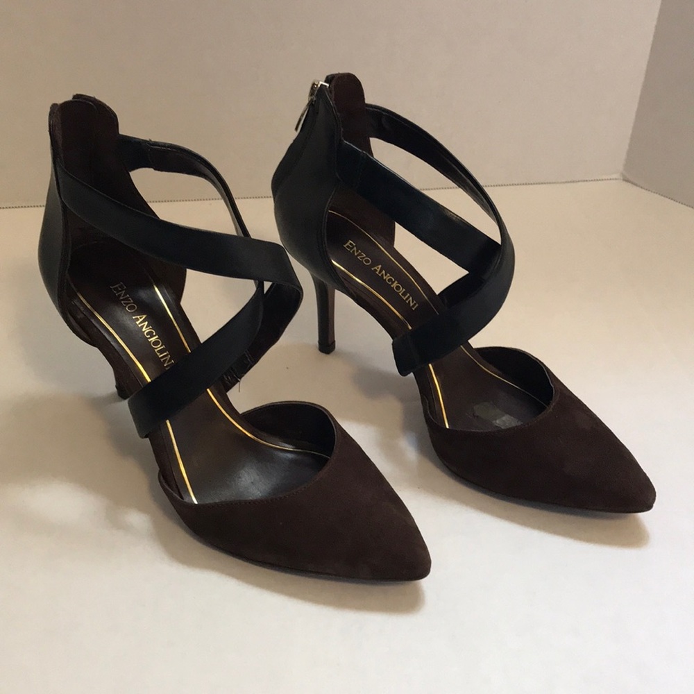 Enzo Angiolini Brown Suede/Black Leather Heels